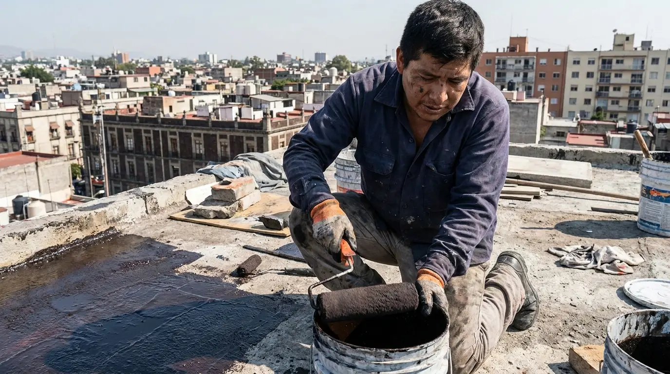 Profesional aplicando impermeabilizante en azotea residencial de la Ciudad de México