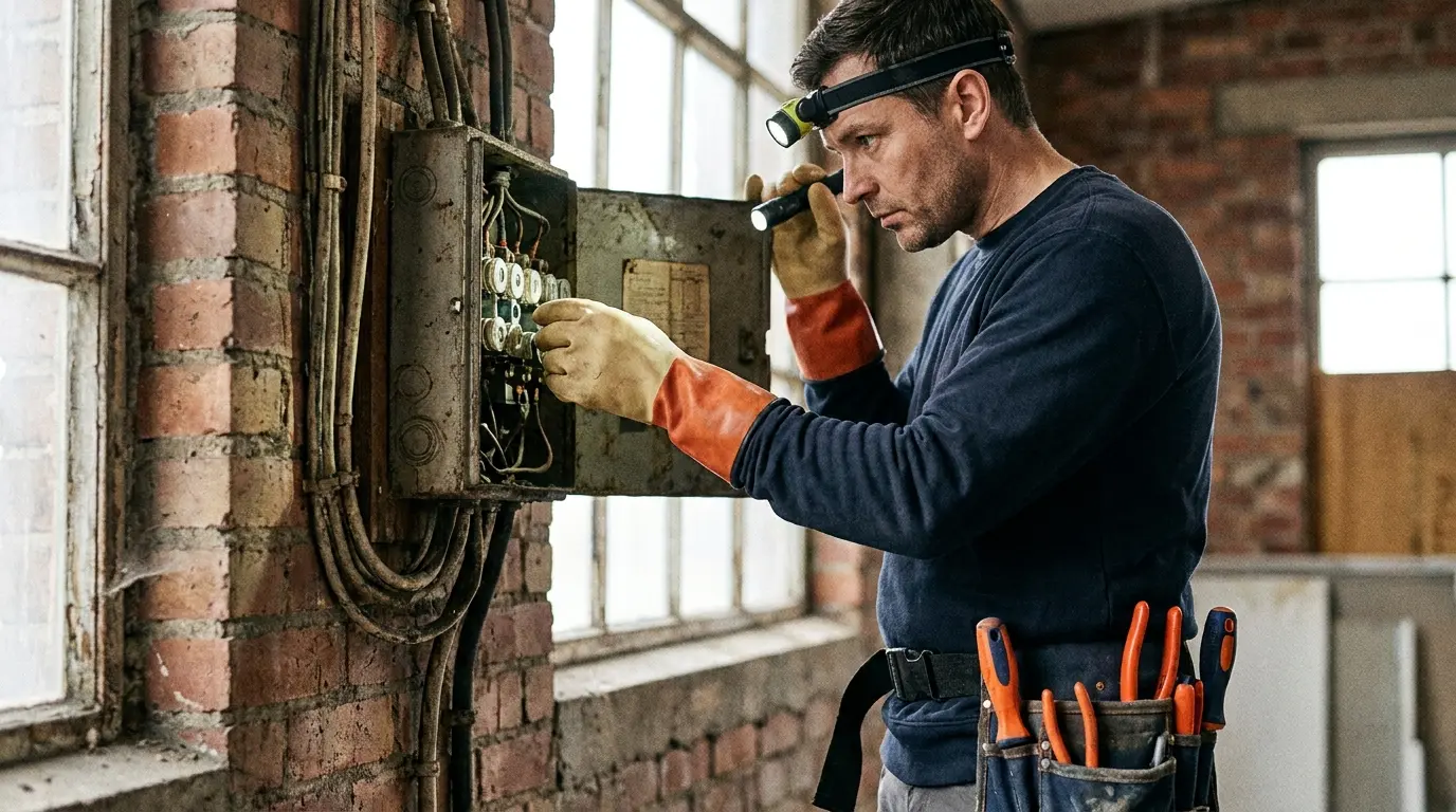 Electricista inspeccionando centro de carga antiguo en casa de CDMX