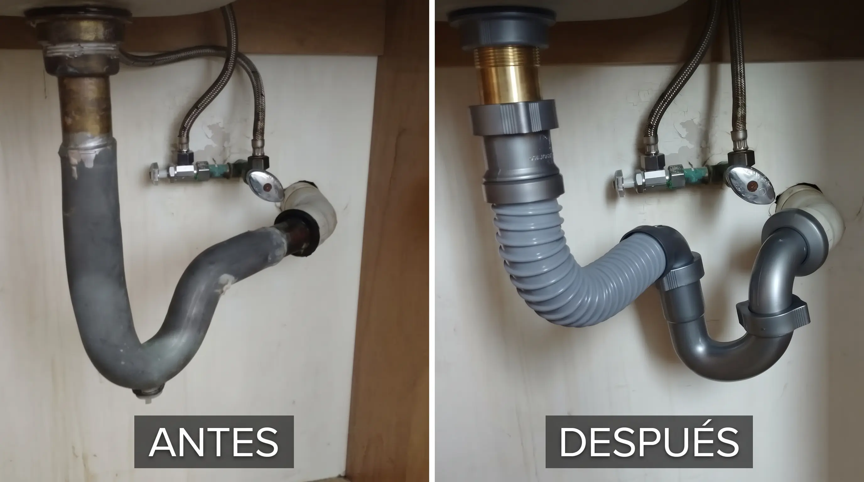 Cambio de sifón y llaves de paso bajo lavabo